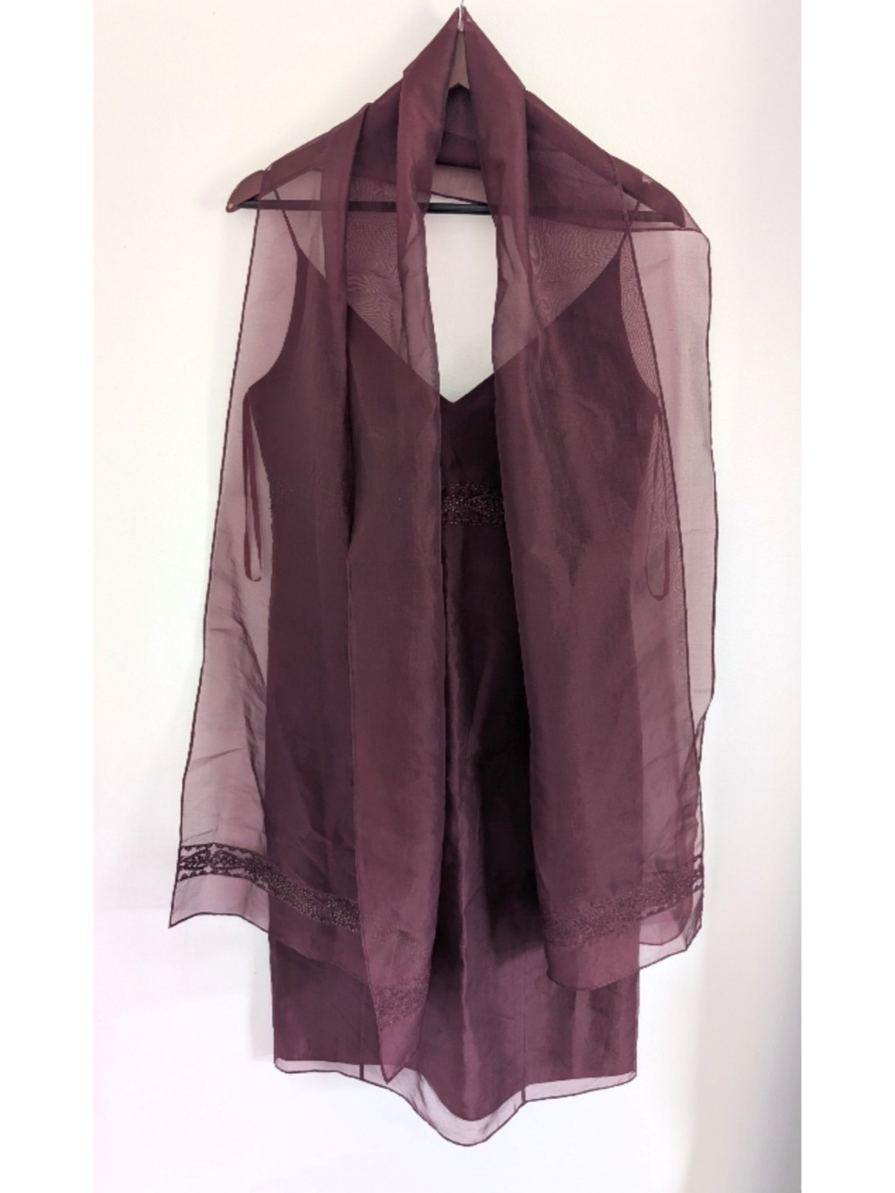 Vintage Ann Taylor 100% Silk Plum Beaded Short Lined Dress With Shawl Size 6